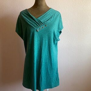 BAIKEA Elegant Teal V-Neck Blouse with Button Accents